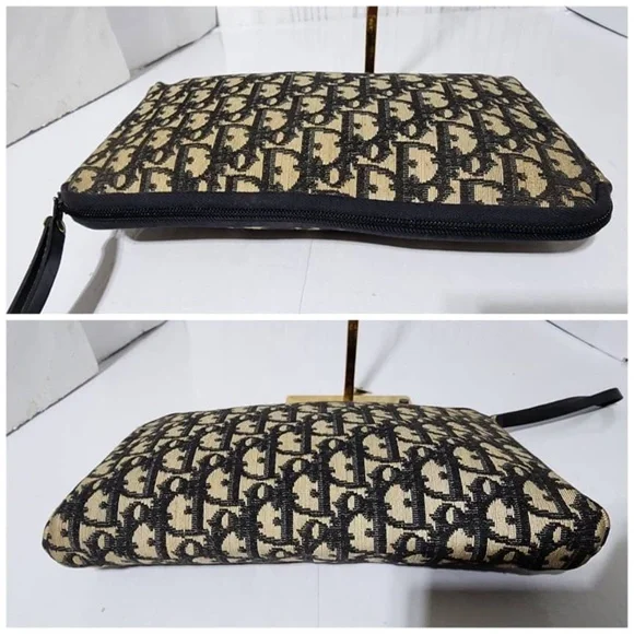 Authentic CHRISTIAN DIOR Vintage Monogram Wristlet Clutch Navy Blue/Beige - Picture 5 of 14